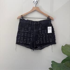 Good American Distressed Cut Off Jean Shorts Cutout Recycled Cotton Pockets Zip